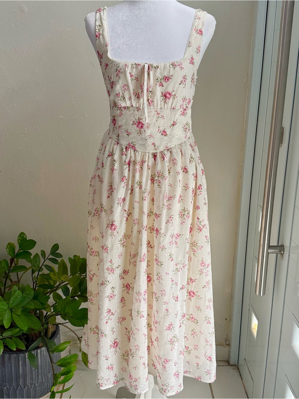 Cream Midi Dress with Pink Floral Pattern and Square Neckline